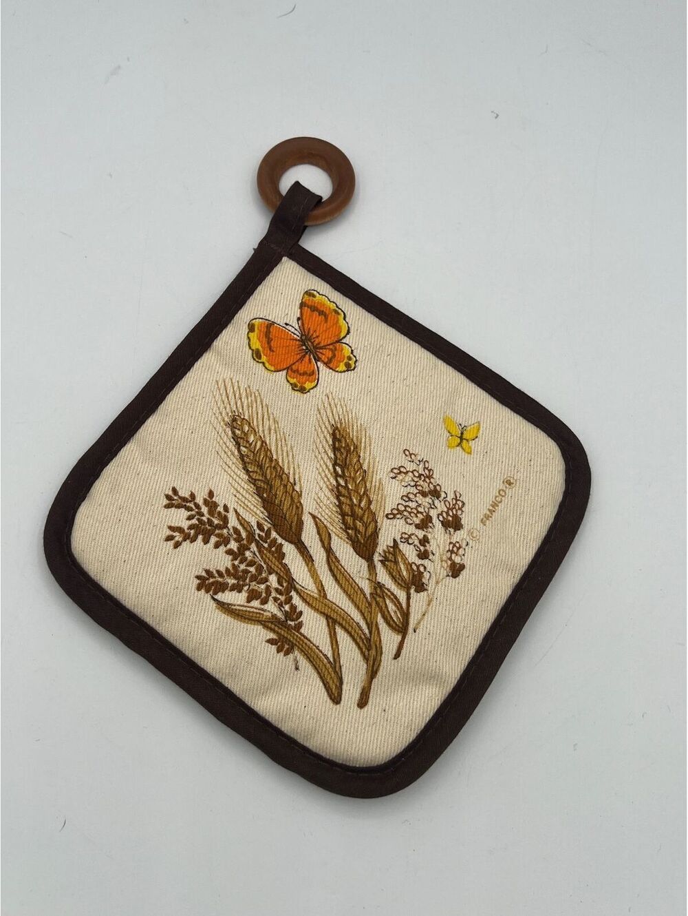 Vintage Franco Printed Cotton Pot Holder with Brown Trim and Wooden Ring